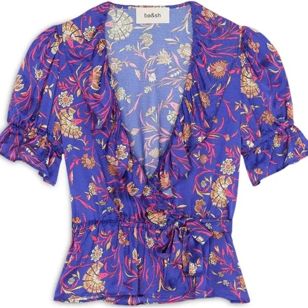 ba&sh Women's Floral Ruffle Sleeve Top - Blue and Pink
